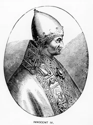 Portret papieża Innocentego IV (zm. 1254), ilustracja z nauki i literatury w średniowieczu i renesansie, napisana i rytowana przez Paula Lacroix, 1878