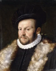 Portret brodatego dżentelmena, do biustu, w czarnej marynarce z białym kołnierzem z kryzą,