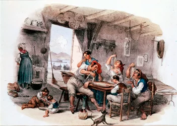 Prawdopodobnie neapolitańska rodzina jedząca makaron rękami. Anonimowa rycina z XIX wieku. Rzym, Museo Nazionale delle Paste Alimentari, Fondazione Agnesi