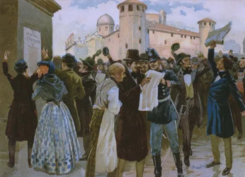 Ogłoszenie wyników plebiscytu 4 marca 1848 przed Palazzo Reale w Turynie, ilustracja z albumu poświęconego historii Risorgimento wykonanego dla czekoladowego Talmone, koniec XIX w.