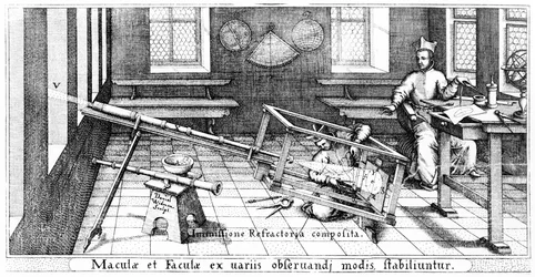 Rzutowanie obrazu Słońca przez teleskop refrakcyjny w celu badania plam słonecznych, ilustracja z Rosa Ursina autorstwa Christopha Scheinera, opublikowana w 1630 r.
