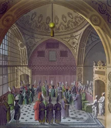 Przyjęcie zachodnich ambasadorów przez wielkiego wezyra sułtana w Konstantynopolu, ok. 1820 (kolorowe grawerowanie)
