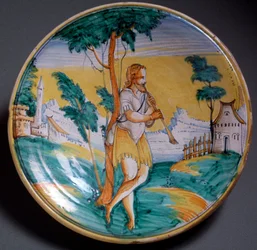 Sztuka renesansu: talerz ozdobiony postacią flecisty (Flecista) - Koniec XVI wieku. Wykonany w Viterbo (Viterbo), Włochy. Florencja, Museo Nazionale del Bargello