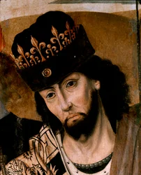 Przedstawienie Roberta I Andegaweńskiego (1278-1343), króla Sycylii i przywódcy stronnictwa gwelfów, fragment. Obraz szkoły neapolitańskiej. Koniec XV wieku. Neapol, Museo Nazionale di Capodimonte