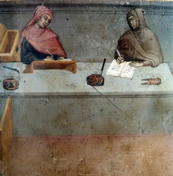 Reprezentacja kamerlingwisty, pomocnika kopisty Anonimowy obraz na drewnie Biccherny (okładka księgi rachunkowej miasta Siena) 1388. Siena Archivio di Stato, Włochy
