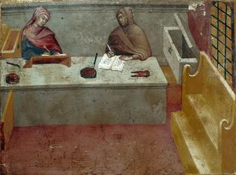 Reprezentacja kamerlingwisty, pomocnika kopisty Anonimowy obraz na drewnie Biccherny (okładka księgi rachunkowej miasta Siena) 1388. Siena Archivio di Stato, Włochy