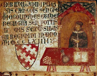 Reprezentacja kamerlingwisty siedzącego w swoim biurze Anonimowy obraz na drewnie Biccherny (okładka księgi rachunkowej miasta Siena) 1250. Siena Archivio di Stato, Włochy