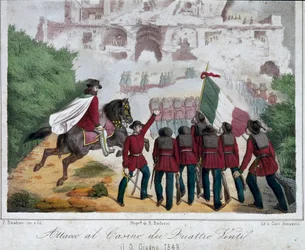 Risorgimento, Republika Rzymska (Repubblica romana): konni żołnierze armii Giuseppe Garibaldiego próbują 03/06/1849 odzyskać willę Quattro Venti w Rzymie. Rzym, Museo Nazionale del Risorgimento