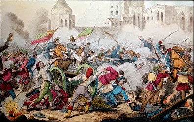 Risorgimento: Walki w Palermo 26 maja 1860 roku. Wyprawa tysiąca (czerwone koszule). Giuseppe Garibaldi (1807-1882), pomiędzy Palermo a zbuntowanym ludem, przyłączył się do niego, by walczyć z żołnierzami burbońskiego Królestwa Neapolu. Rycina z XIX wieku