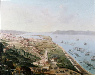 Risorgimento: burbońskie armie Ferdynanda II, króla Obojga Sycylii, w Mesynie na Sycylii w sierpniu 1848 roku podczas odzyskiwania Sycylii po powstaniach. Obraz anonimowy. Museo Nazionale di San Martino, Neapol