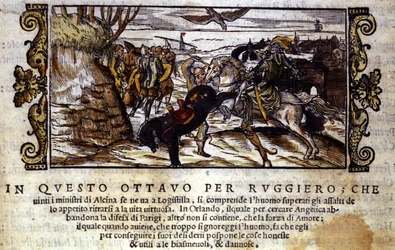 Ruggiero udaje się uciec z wyspy Alcina, a później ratuje Angelikę przed orkiem - Scena z rycerskiego poematu „Orlando Furioso” Ludovica Ariosto