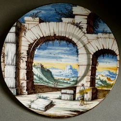 Ruina i krajobraz. Ceramiczny talerz wykonany w Angarano, Włochy. Około 1650. Muzeum Narodowe Bargello, Florencja