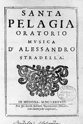 Santa Pelagia, frontyspis partytury oratorium Alessandro Stradelli (1644 - 1682) włoskiego kompozytora. Modena 1688.