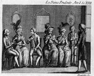 Scena 13 aktu I utworu komiksowego „La dama prudente” (Roztropna żona) (1751) autorstwa Carlo Goldoni (1707-1793). Grawerowanie XVIII wieku