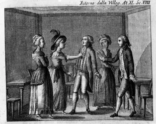 Scena 8 aktu II komiksu „Ritorno della villeggiatura” (Powrót miasta) (1761) autorstwa Carlo Goldoni (1707-1793). Grawerowanie XVIII wieku