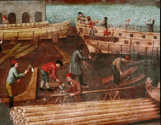 Stocznia w arsenale Wenecji Detal - Malarstwo szkoły weneckiej - XVIII wiek - Wenecja, Muzeum Correr