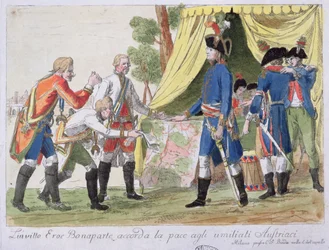 Podpisanie traktatu w Campo Formio między Francją (reprezentowaną przez Bonapartego) a Austrią (reprezentowaną przez Cobenzl) w 1797 r.