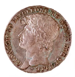 Srebrna moneta (piastra) z Neapolu: Joachim Murat (1767-1815) król Neapolu. 1810 śr. 3,7 cm Neapol, muzeum archeologiczne