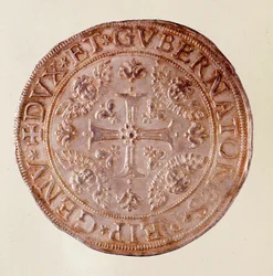 Srebrna moneta z Republiki Genui (Geny) z krzyżem. 1670. Śr. 5,8 cm Neapol, muzeum archeologiczne