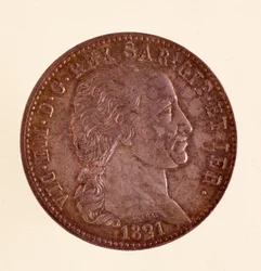 Srebrna moneta włoska (ecu) z królestwa Sardynii: panowanie Vittorio Emanuele I (Wiktor Emanuel I) (1759-1824). 1821. śr. 3,8 cm Neapol, muzeum archeologiczne