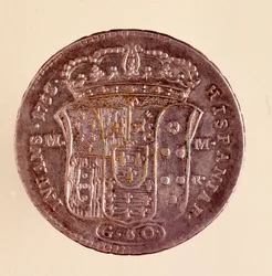 Srebrna piastra z Neapolu: panowanie Karola III w Hiszpanii (1716-1788). 1750. Średnica. 4 cm Neapol, muzeum archeologiczne