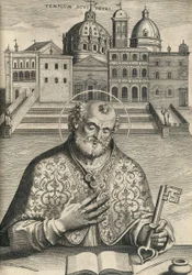 St Piotr przed Bazyliką św. Piotra z kościoła Septem Urbis Primariae, wyd. 1599