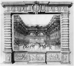 Scenografia Giacomo Torelli (1608-78) dla la Finta Pazza wystawiona w 1645 w Theatre Petit Bourbon w Paryżu, 1654
