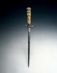 Sztylet z uchwytem wzorowany na figurach Miłosierdzia, Sprawiedliwości i Nadziei, ok. 1650 (stal, mosiądz i kość słoniowa)