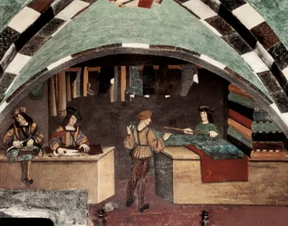 Zakład krawiecki. Jeden człowiek szyje, drugi kroi tkaninę, a trzeci sprzedaje tkaninę klientowi. Fresco Zamek Issogne (XV w.).