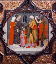 Dzień dziesiąty, opowieść dziewiąta: dzień messera Torella i Saladyna (1138-1193) (Salah al-Din Yusuf al-Ayyubi). Malowana skrzynia ilustrująca „Dekameron” Giovanniego Boccaccia (Jean Boccaccio) (1313-1375). XV wiek. Florencja, Museo Nazionale del Bargello