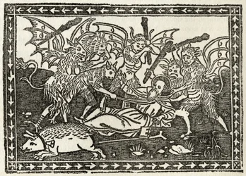 Bastinading of St. Anthony, z „Katalogu zbioru rycin, sztychów i drzeworytów” Richarda Fishera, opublikowany w 1879 r.