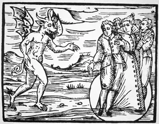 Ewokacja diabła, kopia ilustracji z Compendium Maleticarum ks. M. Guaccius, Mediolan 1608, wykorzystana w Historii magii, wydanej pod koniec XIX wieku