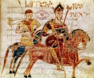Król Franków, a następnie Lotharia I (IX wiek) Miniatura z „Codex Legum Longobardorum” (lub Langobardorum) opisująca prawa królestwa Lombardii ustanowionego przez króla Rothariego