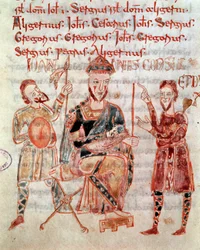 Lombardzki książę Neapolu Giovanni (ok. 981) Miniatura z „”Codex Legum Longobardorum”” (lub Langobardorum) opisująca prawa królestwa Lombardii ustanowionego przez króla Rothariego