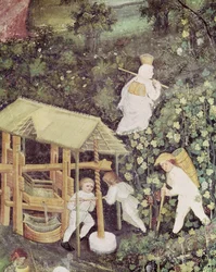 Miesiąc październik, fragment zbieraczy winogron tłoczących winogrona, ok. 1400 (fresk)