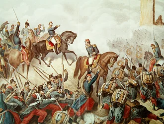 Piemontu i Francuzi w bitwie pod San Martino w 1859 roku (kolorowe grawerowanie)