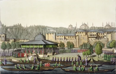 Przedstawienie admirała sułtanowi, tablica 14 z Części III, Tomu I Historii narodów, rytował Giacomo Bussi, około 1820