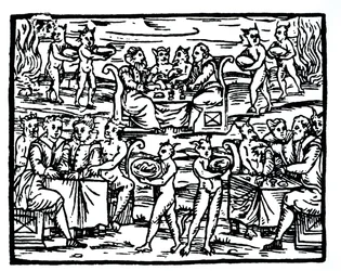Sabat czarownic, kopia ilustracji z Compendium Maleficarum autorstwa ks. M. Guaccius, Mediolan 1608, wykorzystana w Historii magii, wydana pod koniec XIX wieku