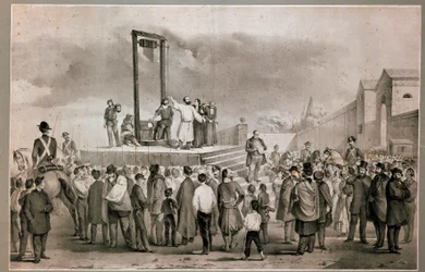 Egzekucja 13/03/1858 Felicego Orsiniego (1819 - 1858) i Pieriego, którzy dokonali zamachu z 14 stycznia 1858 na Napoleona III na Place de la Roquette w Paryżu. Litografia z końca XIX wieku. Mediolan, Museo del Risorgimento