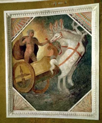 Sala na poziomie nimfeum, detal dekoracji sklepienia przedstawiający Zeusa zjeżdżającego z Olimpu w rydwanie, prawdopodobnie wykonany przez Bartolomeo Ammannati (1511-92) (fresk)