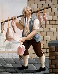Wędrowny rzeźnik sprzedający głowy cieląt. XIX wiek. Neapol, Museo Nazionale di San Martino