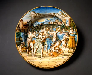 Rzeź niewiniątek. Ceramiczny talerz z warsztatu Fontana w Urbino, Włochy. Około 1566. Muzeum Narodowe Bargello, Florencja