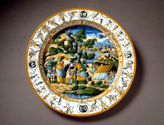 Spotkanie Aarona i Mojżesza. Ceramiczny talerz z warsztatu Fontana w Urbino, Włochy. Około 1550. Muzeum Narodowe Bargello, Florencja