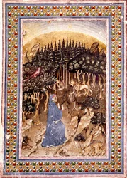 Poeta Dante trafia do ciemnego lasu. Obszerna strona pierwszej pieśni piekła czerpie z „Divina Commedia” (Boskiej Komedii) Dantego Alighieri (1265-1321). Rękopis Pani Conv. Sopr. 204