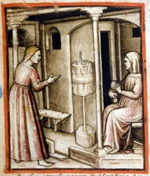 Przędzalnictwo wełny w XIV wieku. Miniatura z kodeksu 212 (lub kodeksu padovano lub Biblii z Padwy) 1390-1400 Rovigo, Accademia dei Concordi