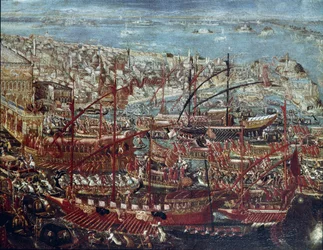 Triumfalny powrót floty weneckiej do arsenału po kampanii prowadzonej przez doża Francesco Morosiniego przeciwko Turkom w 1659 r. Obraz szkoły weneckiej - XVII w. - Wenecja, Muzeum Correr