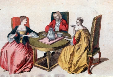 Trzech weneckich szlachciców delektujących się czekoladą Grawerowanie XVIII-wiecznej Wenecji, muzeum Correr