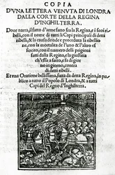 Strona tytułowa kopii listu wysłanego z dworu królowej Anglii (drzeworyt i typografia)