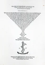 Strona tytułowa Adages of Erasmus, wydrukowana przez Aldusa Manutiusa w Wenecji, 1508 (papier drukowany i grawerunek)