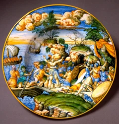 Wojna trojańska: porwanie Heleny. Ceramiczny talerz z Urbino, Włochy. Około 1550. Museo Nazionale del Bargello, Florencja, Włochy